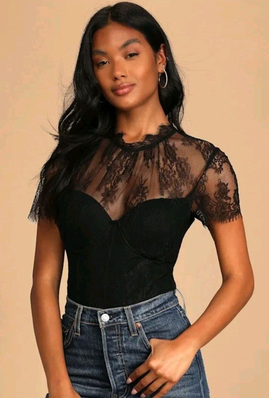 Lulu's Alluring Charisma Black Lace Bustier Short Sleeve Bodysuit Sz Small
